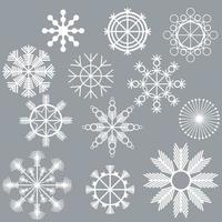 Set of white snowflakes on a gray background, subtle frosty patterns of straight lines and round elements, Christmas winter attributes vector