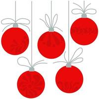 juego de bolas navideñas en un estilo plano, juguetes navideños de color rojo brillante con patrones ornamentados vector