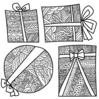 Set of contour holiday boxes with bows, zen antistress coloring page with doodle patterns, vector