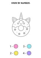 donut de unicornio de color por números. hoja de trabajo para niños. vector