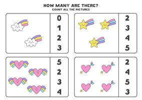 Counting game with cute colorful pictures. Educational worksheet. vector