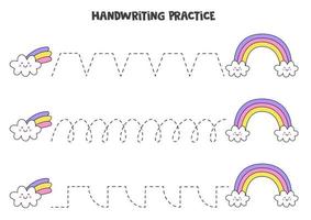 Tracing lines with cute cloud and rainbow. Writing practice. vector