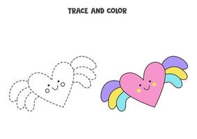 Trace and color cute flying heart. Worksheet for girls. vector