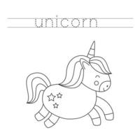 Trace word and color cute cartoon unicorn. vector