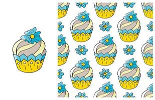 Cupcake, muffin. Set of element and seamless pattern vector