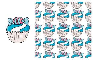 Cupcake, muffin. Set of element and seamless pattern vector