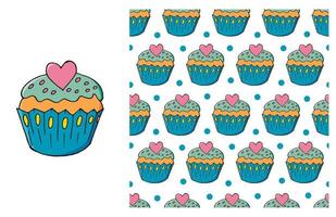 Cupcake, muffin. Set of element and seamless pattern vector