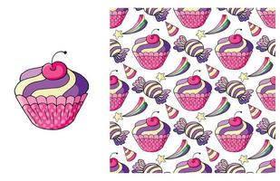 Cupcake, muffin. Set of element and seamless pattern vector