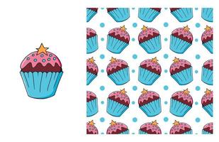 Cupcake, muffin. Set of element and seamless pattern vector