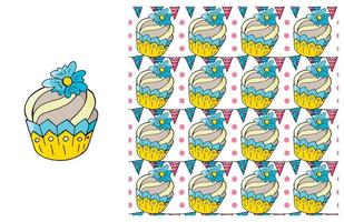 Cupcake, muffin. Set of element and seamless pattern vector