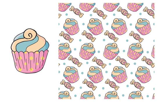 Cupcake, muffin. Set of element and seamless pattern vector