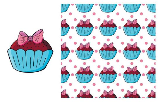 Cupcake, muffin. Set of element and seamless pattern vector