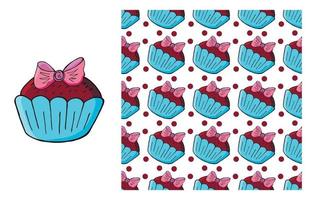 Cupcake, muffin. Set of element and seamless pattern vector