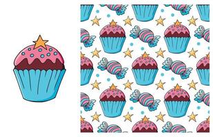 Cupcake, muffin. Set of element and seamless pattern vector