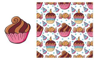 Cupcake, muffin. Set of element and seamless pattern vector