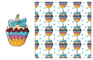 Cupcake, muffin. Set of element and seamless pattern vector