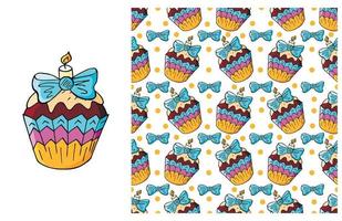 Cupcake, muffin. Set of element and seamless pattern vector