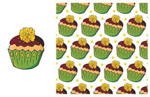 Cupcake, muffin. Set of element and seamless pattern vector