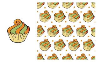 Cupcake, muffin. Set of element and seamless pattern vector