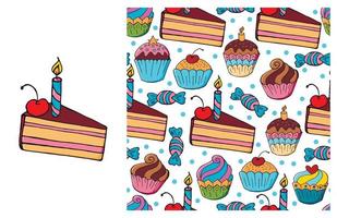 Cupcake, muffin. Set of element and seamless pattern vector