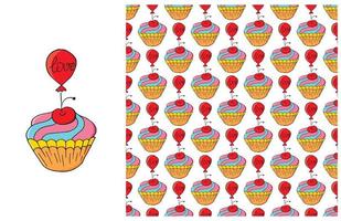 Cupcake, muffin. Set of element and seamless pattern vector