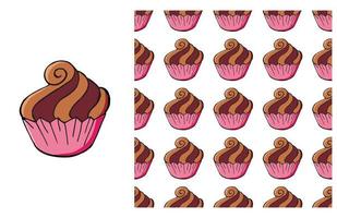 Cupcake, muffin. Set of element and seamless pattern vector