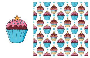 Cupcake, muffin. Set of element and seamless pattern vector