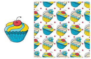 Cupcake, muffin. Set of element and seamless pattern vector