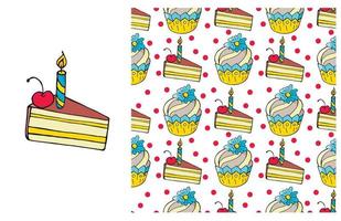 Cupcake, muffin. Set of element and seamless pattern vector