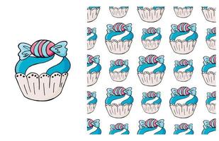 Cupcake, muffin. Set of element and seamless pattern vector