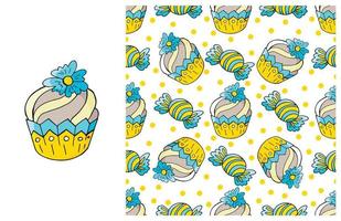 Cupcake, muffin. Set of element and seamless pattern vector