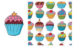 Cupcake, muffin. Set of element and seamless pattern vector