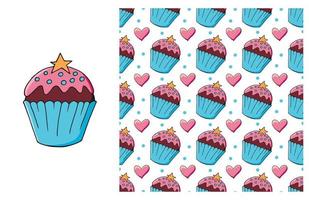 Cupcake, muffin. Set of element and seamless pattern vector