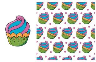 Cupcake, muffin. Set of element and seamless pattern vector