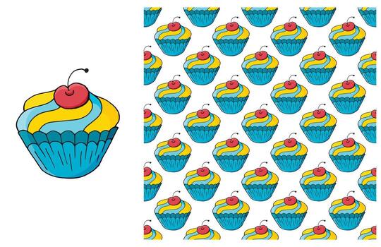 Cupcake, muffin. Set of element and seamless pattern vector