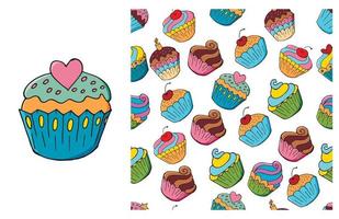 Cupcake, muffin. Set of element and seamless pattern vector