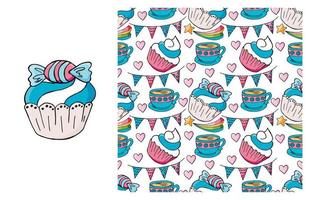 Cupcake, muffin. Set of element and seamless pattern vector