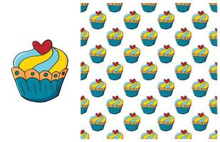 Cupcake, muffin. Set of element and seamless pattern vector