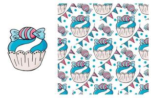 Cupcake, muffin. Set of element and seamless pattern vector