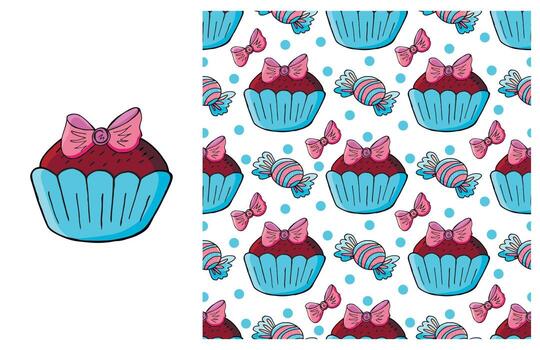 magdalena, muffin. conjunto de elementos y patrones sin fisuras vector