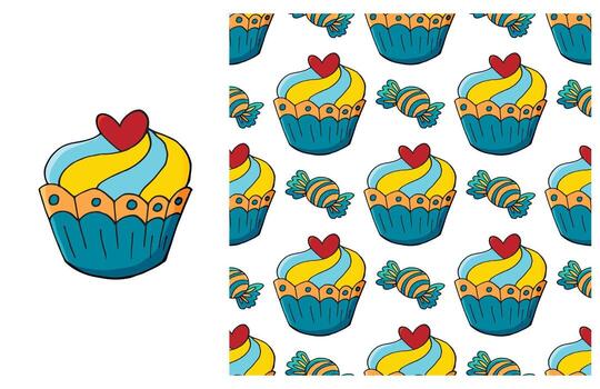 Cupcake, muffin. Set of element and seamless pattern vector