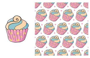 Cupcake, muffin. Set of element and seamless pattern vector