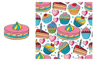 Cupcake, muffin. Set of element and seamless pattern vector