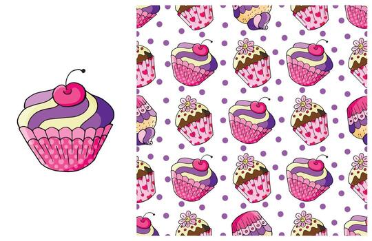 Cupcake, muffin. Set of element and seamless pattern vector