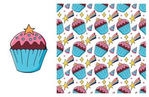 Cupcake, muffin. Set of element and seamless pattern vector