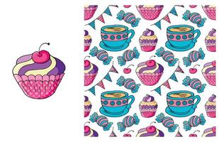 Cupcake, muffin. Set of element and seamless pattern vector