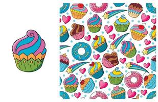 Cupcake, muffin. Set of element and seamless pattern vector