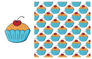 Cupcake, muffin. Set of element and seamless pattern vector