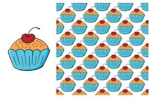 Cupcake, muffin. Set of element and seamless pattern vector