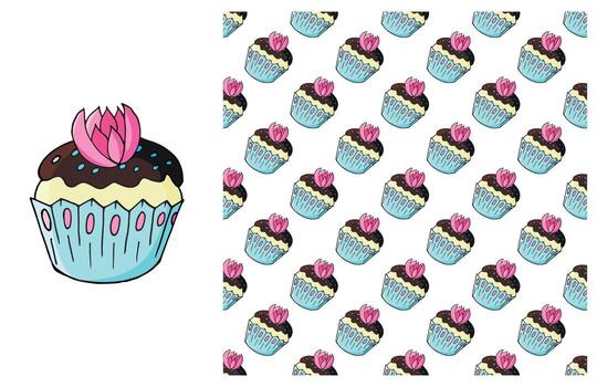 Cupcake, muffin. Set of element and seamless pattern vector